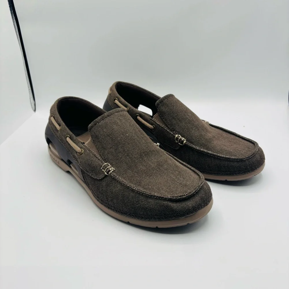 CROCS Men's Brown Canvas Slip-On Boat Shoe with Tan Accents